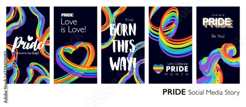 Colorful happy PRIDE month cover page set with abstract 3D progress pride rainbow for or prints, web ads and social event story. Vector illustration.