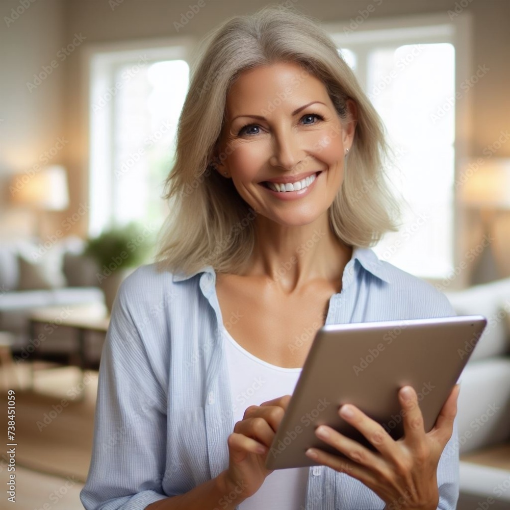 happy woman using tablet