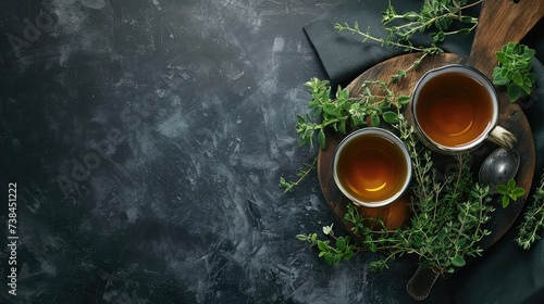 Thyme herbal tea, view from above, space for a text photo