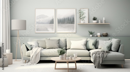 Interior design of modern sophisticated living room inspired with scandinavian elegance 