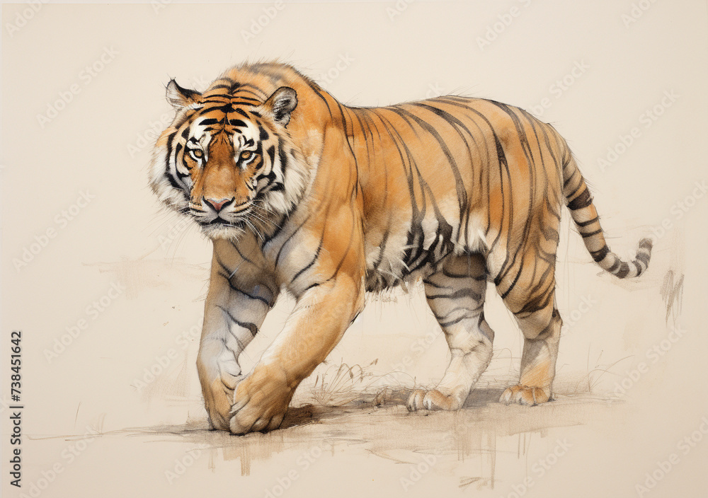 Drawing of a tiger walking across a canvas Drawing of a tiger walking across a canvas