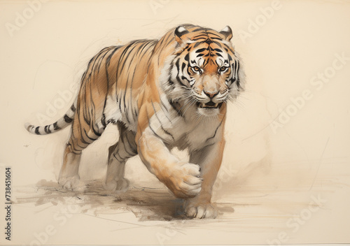 Drawing of a tiger walking across a canvas