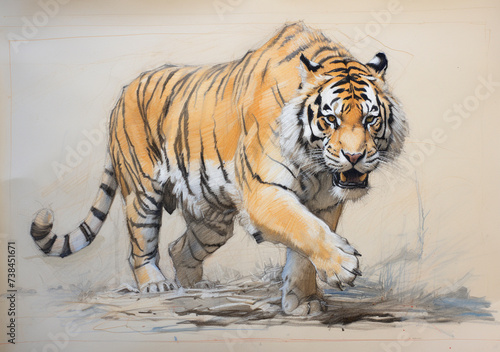 Drawing of a tiger walking across a canvas