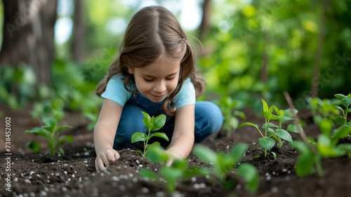 Young Girl Planting Seedlings in Garden Soil