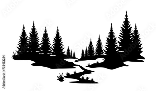 illustration of the silhouette of a pine forest with a river, valley landscape 