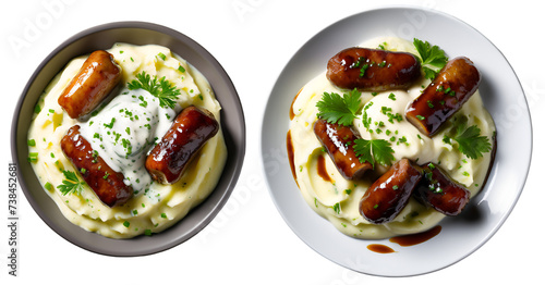bangers and mash dish top view isolated on white transparent background PNG for restaurant hotel menu