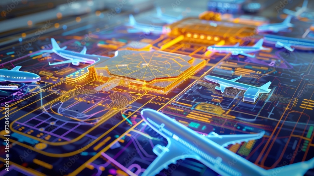 Obraz premium A closeup of the virtual airport map guide surrounded by vibrant colors and animated graphics making it look almost like a futuristic video game.