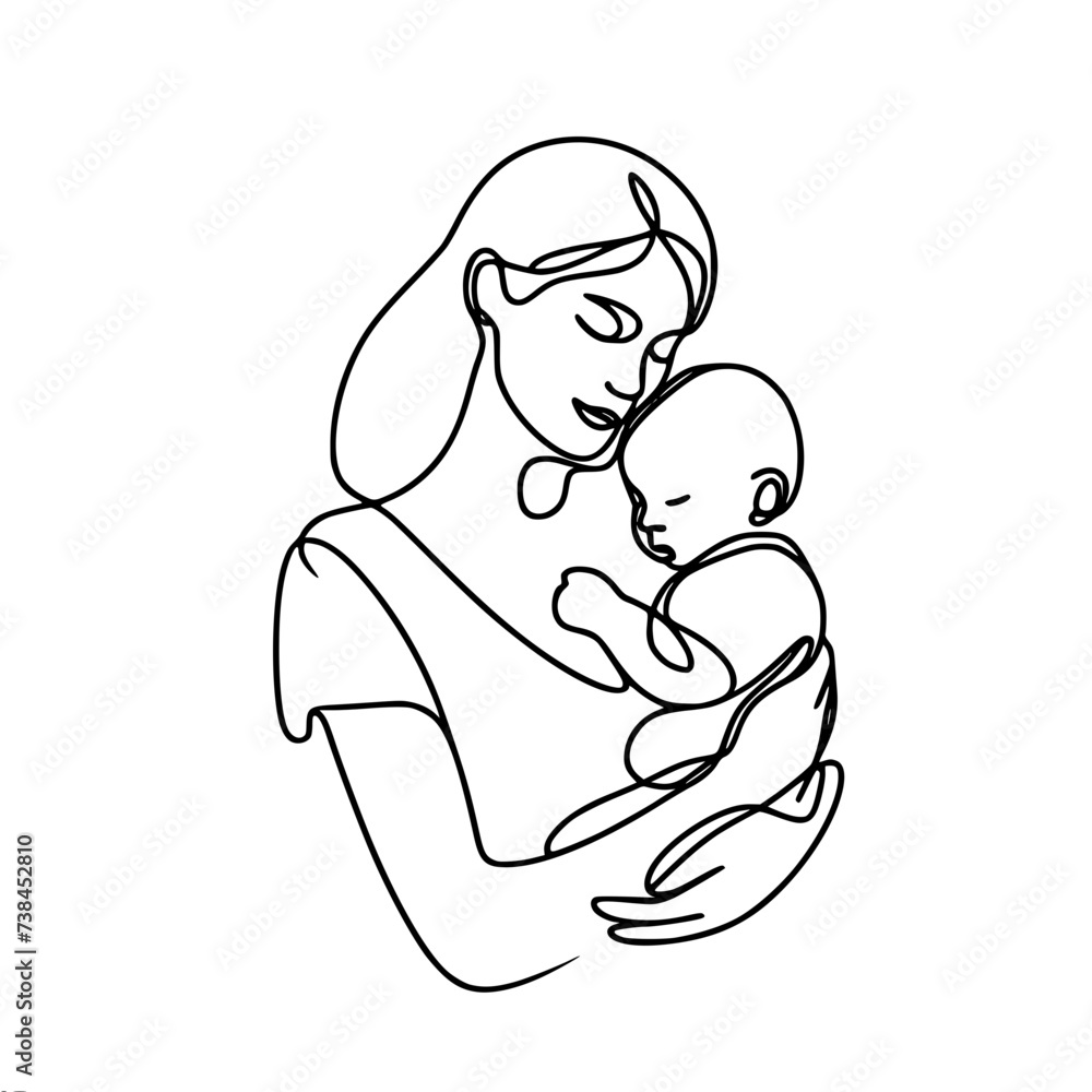 Single line vector drawing, mother holding baby in her arms Single line vector drawing, mother holding baby in her arms