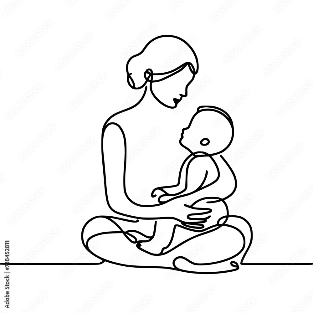 Single line vector drawing, mother holding baby in her arms Single line vector drawing, mother holding baby in her arms