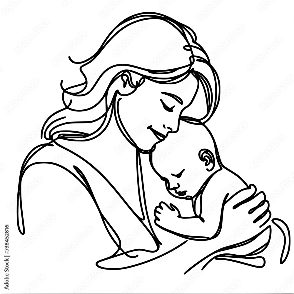 Single line vector drawing, mother holding baby in her arms