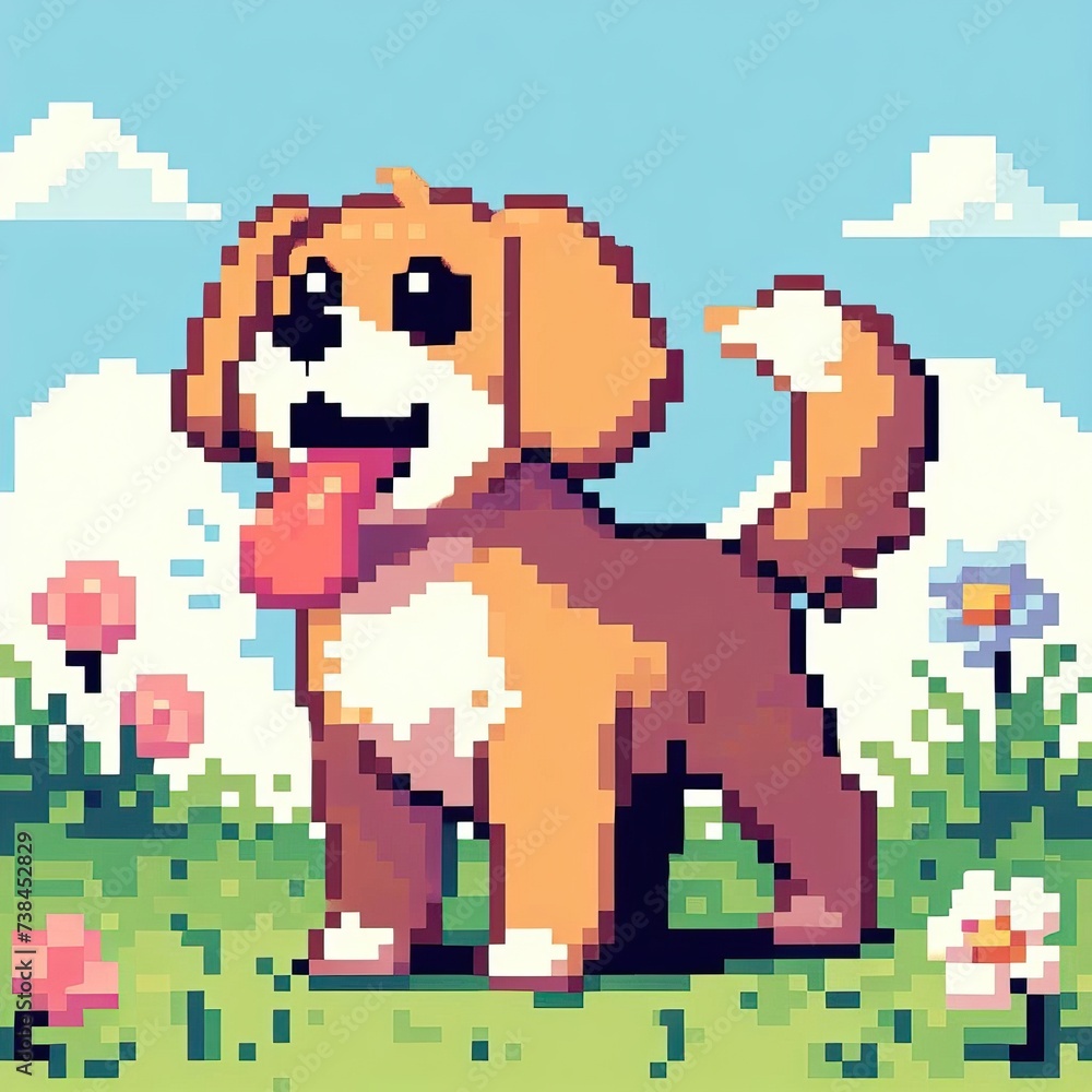 Fototapeta premium Cute dog puppy with hanging tongue pixel art illustration