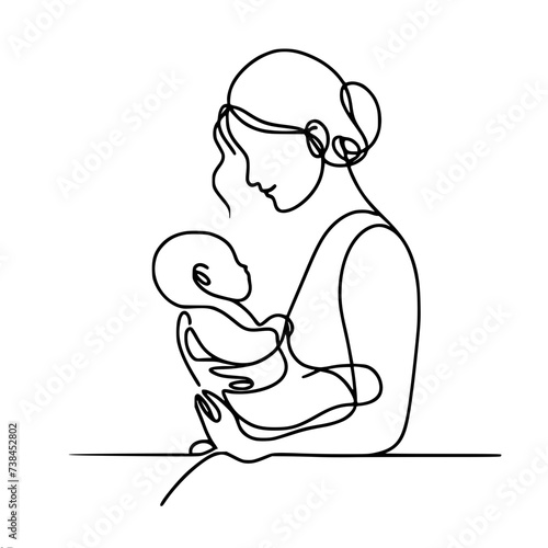 Single line vector drawing, mother holding baby in her arms