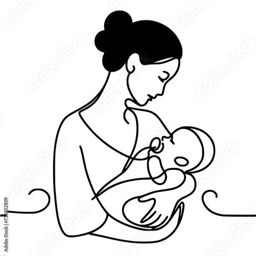 Single line vector drawing, mother holding baby in her arms