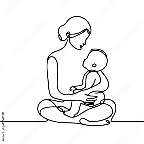 Single line vector drawing, mother holding baby in her arms