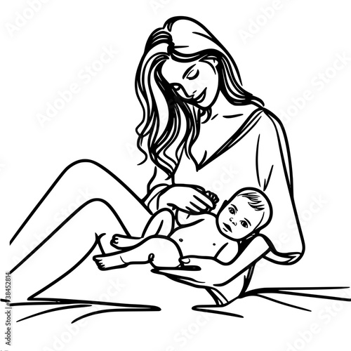 Single line vector drawing, mother holding baby in her arms