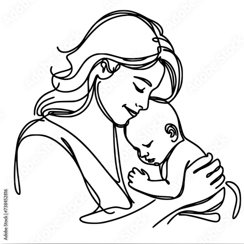 Single line vector drawing, mother holding baby in her arms