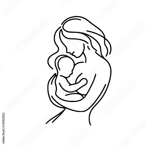 Single line vector drawing, mother holding baby in her arms