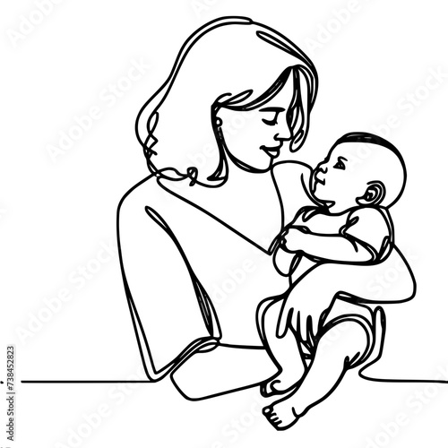 Single line vector drawing, mother holding baby in her arms