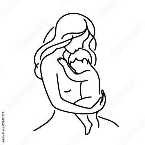 Single line vector drawing, mother holding baby in her arms