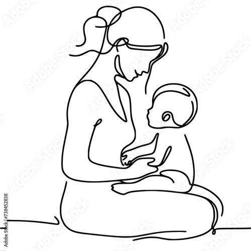 Single line vector drawing, mother holding baby in her arms