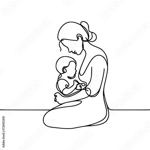 Single line vector drawing, mother holding baby in her arms