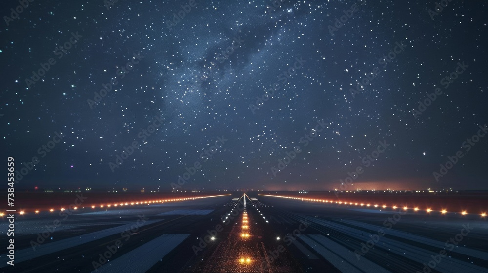 The glow of runway lights guiding planes towards the sky creating a mesmerizing contrast against the vast blanket of stars above. - obrazy, fototapety, plakaty 