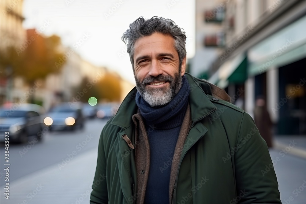 Portrait of a handsome middle-aged man with gray hair and beard wearing a green coat in the city Portrait of a handsome middle-aged man with gray hair and beard wearing a green coat in the city