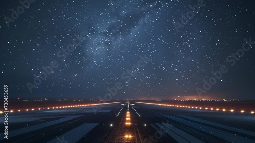 The glow of runway lights guiding planes towards the sky creating a mesmerizing contrast against the vast blanket of stars above. photo