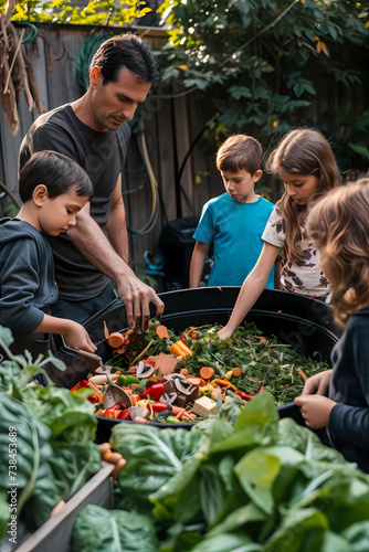 Parents teaching their children how to compost food