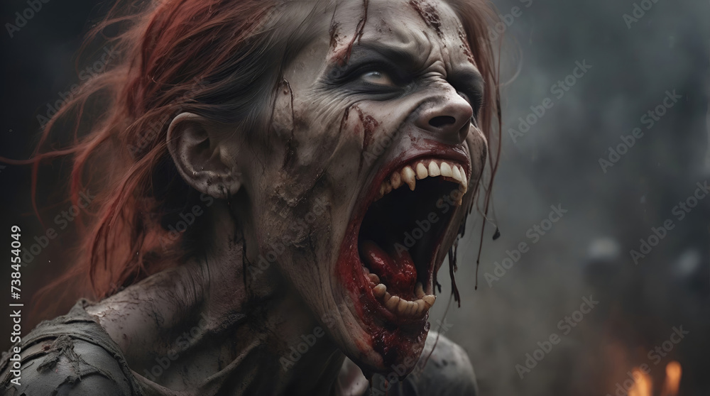 Scary zombie with bloody face closeup. evil, demon, skull and monster