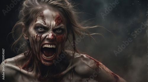 Scary zombie with bloody face closeup. evil, demon, skull and monster