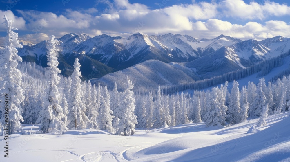 A serene and picturesque landscape of snowcapped mountains inviting adventurers to pack their skis and hit the slopes.
