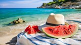 Towel with watermelon piece slice fruit on beach sea wallpaper background