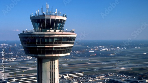 A closeup of the top of the Air Traffic Control tower where the vigilant controllers monitor the movements of planes taking off and landing ensuring the safety and efficiency