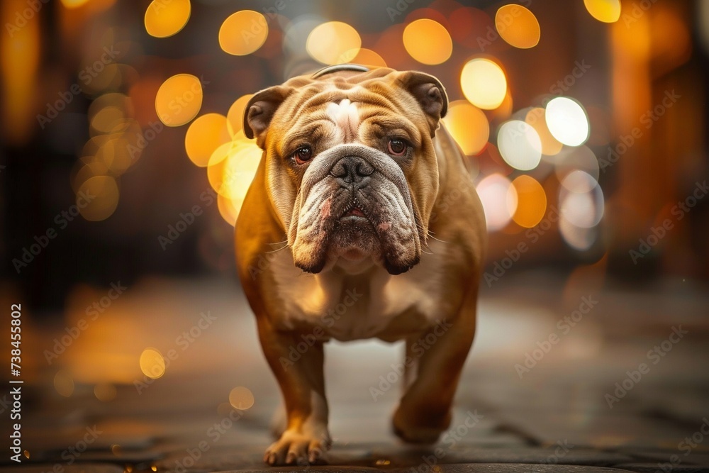 Bulldog on a City Street at Night with Glowing Lights. Generative ai