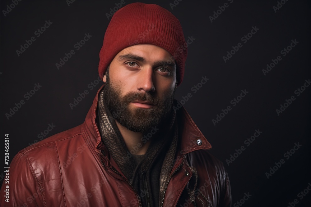 Portrait of a bearded man in a red hat and leather jacket. Portrait of a bearded man in a red hat and leather jacket.