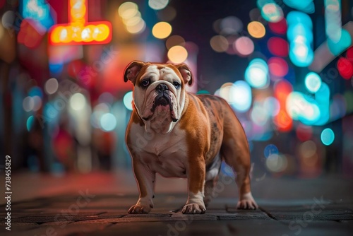 Bulldog on a City Street at Night with Glowing Lights. Generative ai