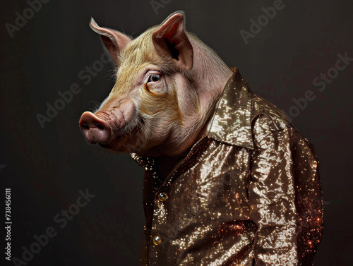 Glamorous pig in a sparkling shirt luxury portrait with an avant garde twist