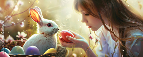 Girl and rabbit pastel Easter egg chemists experimenting with colors basket of vibrant reactions photo