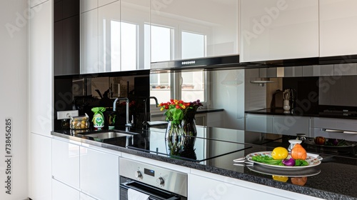 Sleek Kitchen with Mirrored Backsplash AI Generated.