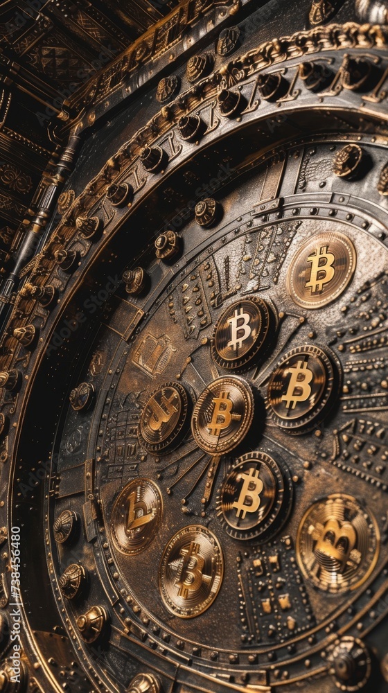 An antique vault with modern bitcoin symbols intricately etched onto it