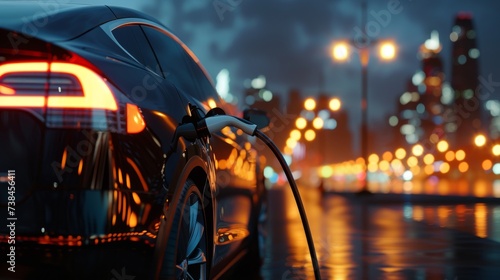 An alternative energy automobile charging, with a background of modern city lights