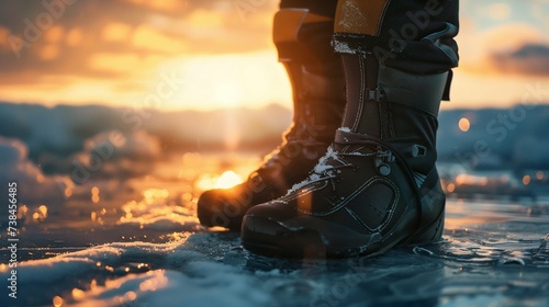 Winter Adventure: Close-Up of Snow Boots Against Sunset. Generative ai photo