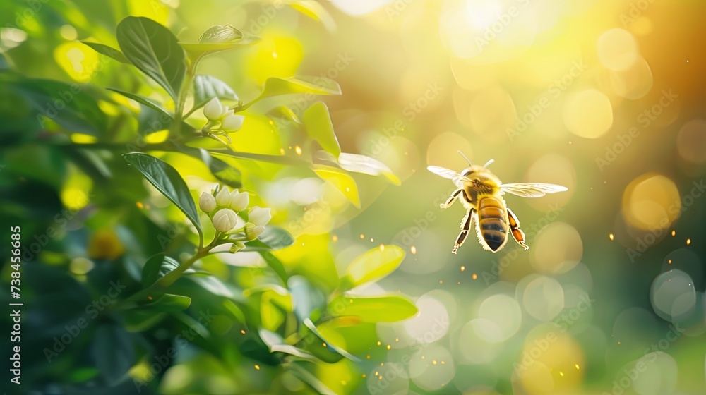 Bee insect flying and eating nectar from flowers blossom. Banner background design
Bee insect flying and eating nectar from flowers blossom. Banner background design