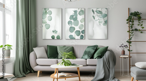 緑とグレー基調のインテリア、ソファーと三つの植物を描いたアート、緑のカーテンと観葉植物