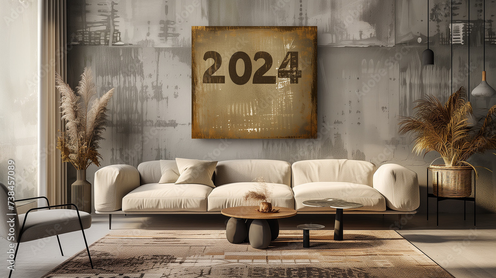 コンクリート打ちっぱなしの壁の白いソファーがあるモダンな部屋に「2024」の文字が書いてあるアートが飾ってある - obrazy, fototapety, plakaty 