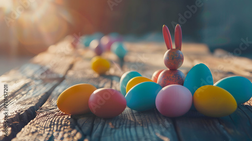 A close-up shot of vibrant Easter eggs arranged meticulously to form a whimsical bunny shape against a rustic wooden tabletop, bathed in soft natural light photo