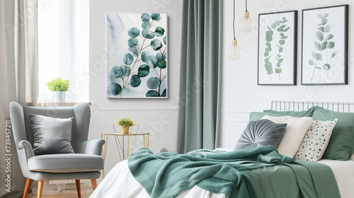 緑が基調のモダンなインテリアの部屋、ベッドと一人用ソファー、ユーカリの水彩アートを飾っている