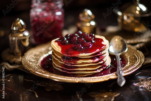 delicious pancakes topped with fresh fruit on the plate