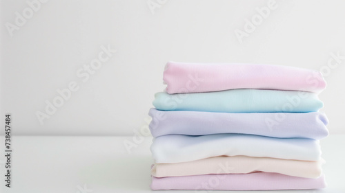 A stack of colorful pastel baby garments on minimal clean white table, Folded fabrics with copy space | Generative AI